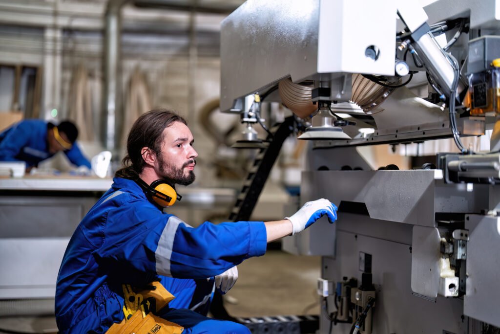 Operario con uniforme azul y audífonos de protección en el cuello manipulando una máquina industrial grande y moderna, posiblemente de mecanizado, en un entorno de taller.